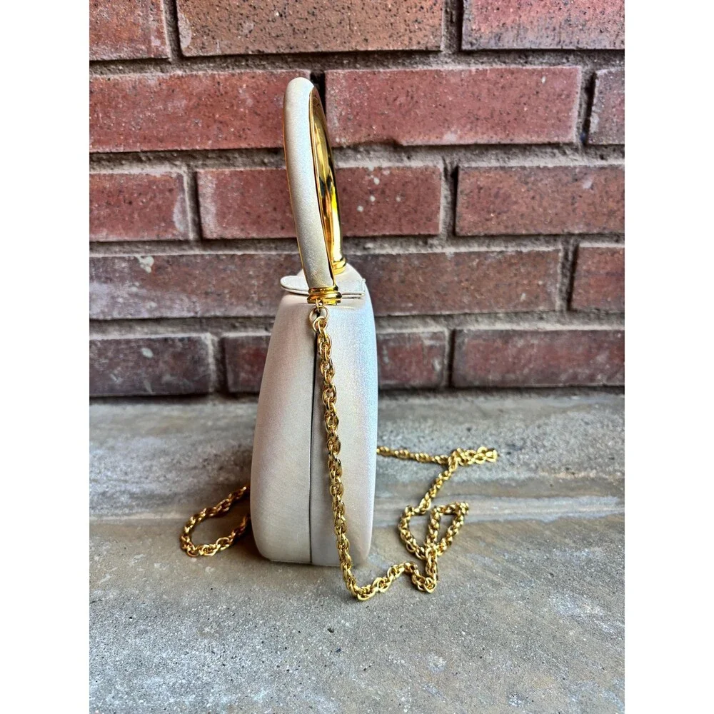 Beige, Rodo Italy Satin Evening Bag with Gold Metal Accents